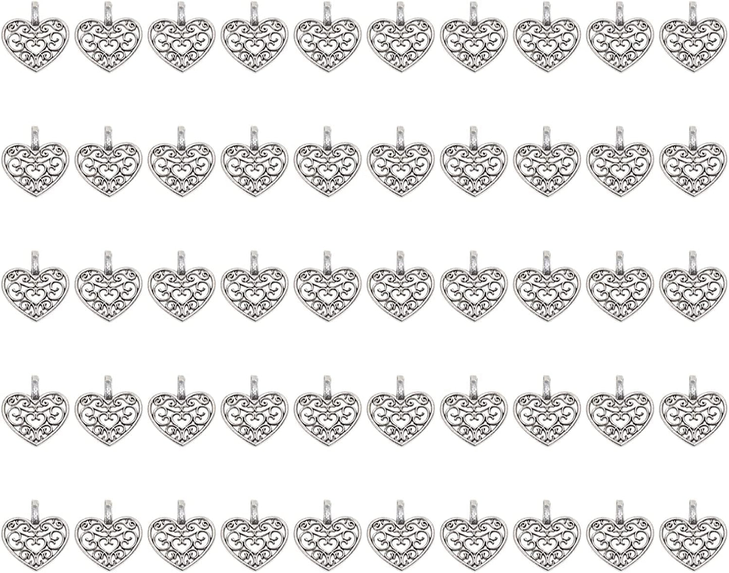 Metal Heart Charms Beads Bulk for DIY Craft Pendants Bracelet Necklace Earring Keychain Jewelry Making Finding Accessory, Silver, 50PCS