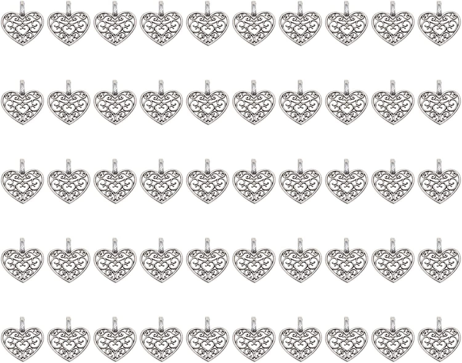 Metal Heart Charms Beads Bulk for DIY Craft Pendants Bracelet Necklace Earring Keychain Jewelry Making Finding Accessory, Silver, 50PCS