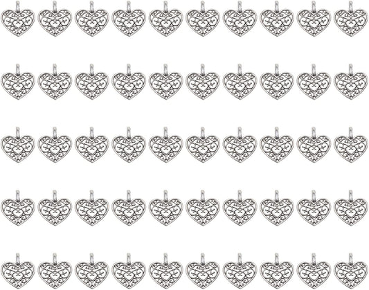 Metal Heart Charms Beads Bulk for DIY Craft Pendants Bracelet Necklace Earring Keychain Jewelry Making Finding Accessory, Silver, 50PCS