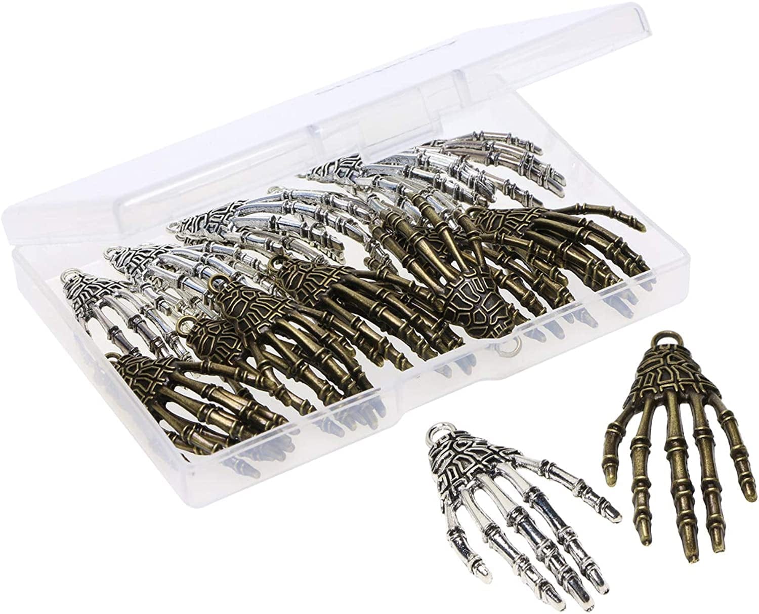 Metal Skeleton Skull Hand Claws Charm Accessories Punk Horror Bone Claw for Halloween Party Decoration and Necklace Pendant Earrings Key Chain Jewelry Making, Antique Silver and Bronze, 20PCS
