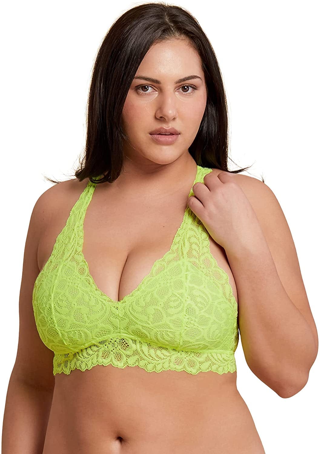 Mia Lace Bralette for Women, Unpadded and Unlined Wireless Bra, Perfect Racerback Everyday Lingerie Neon Yellow / Large