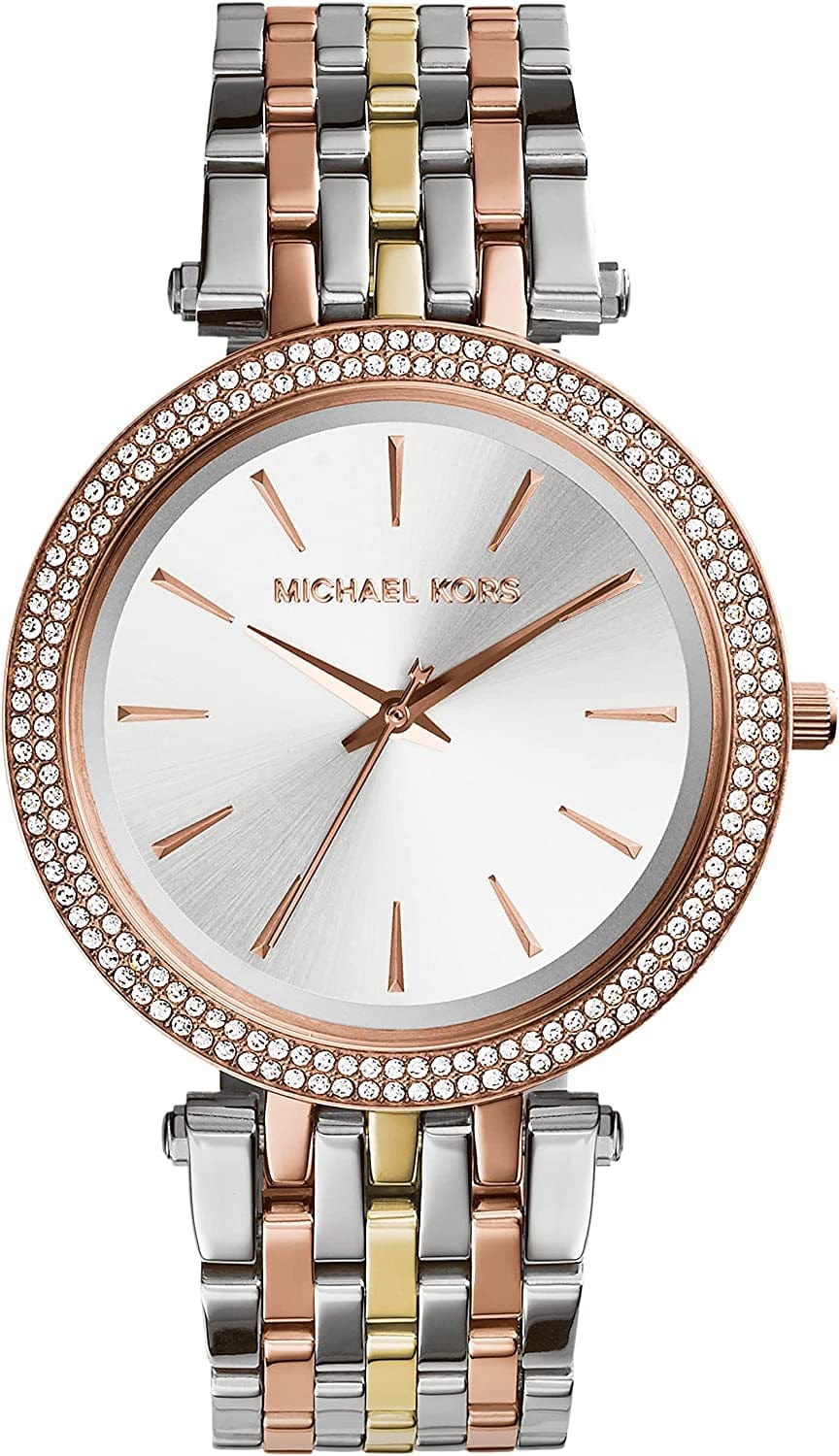 Michael Kors Darci 3 Hand Watch with Glitz Accents, 39MM Silver/Gold/Rose