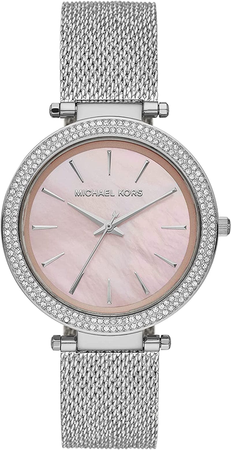Michael Kors Darci 3 Hand Watch with Glitz Accents, 39MM Silver Mesh