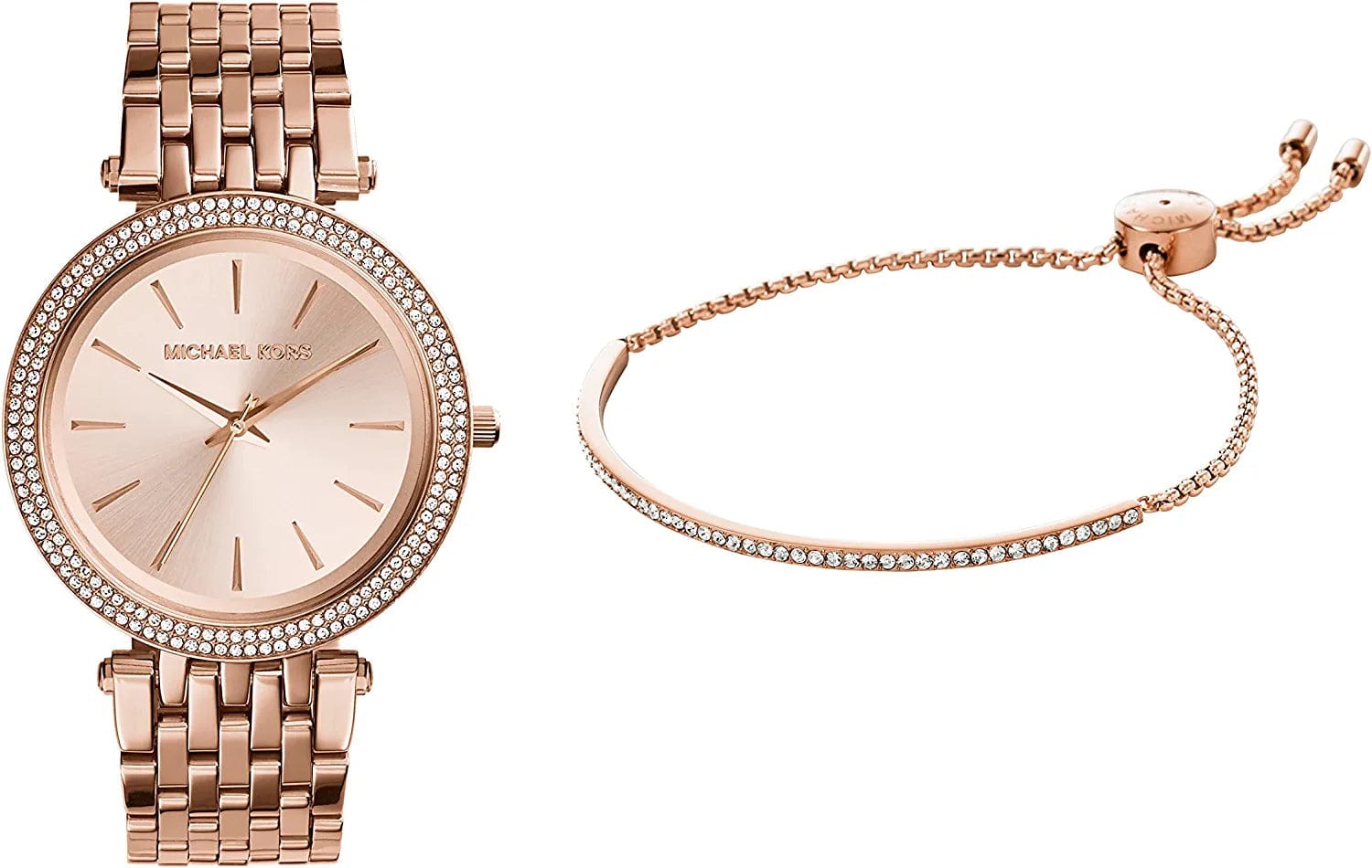 Michael Kors Darci 3 Hand Watch with Glitz Accents, 39MM Rose Watch + Bracelet Bundle
