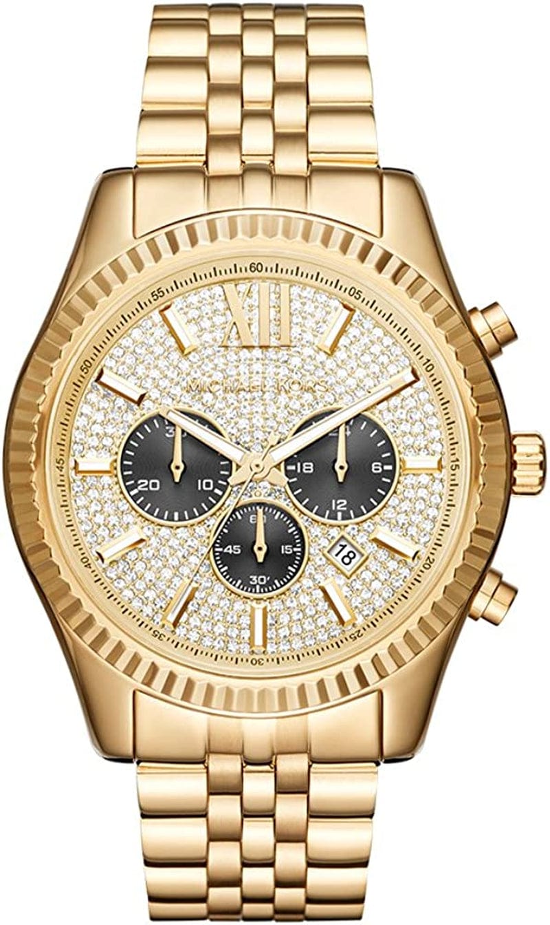 Michael Kors Lexington Chronograph Stainless Steel Watch Gold Tone w/Pave Dial