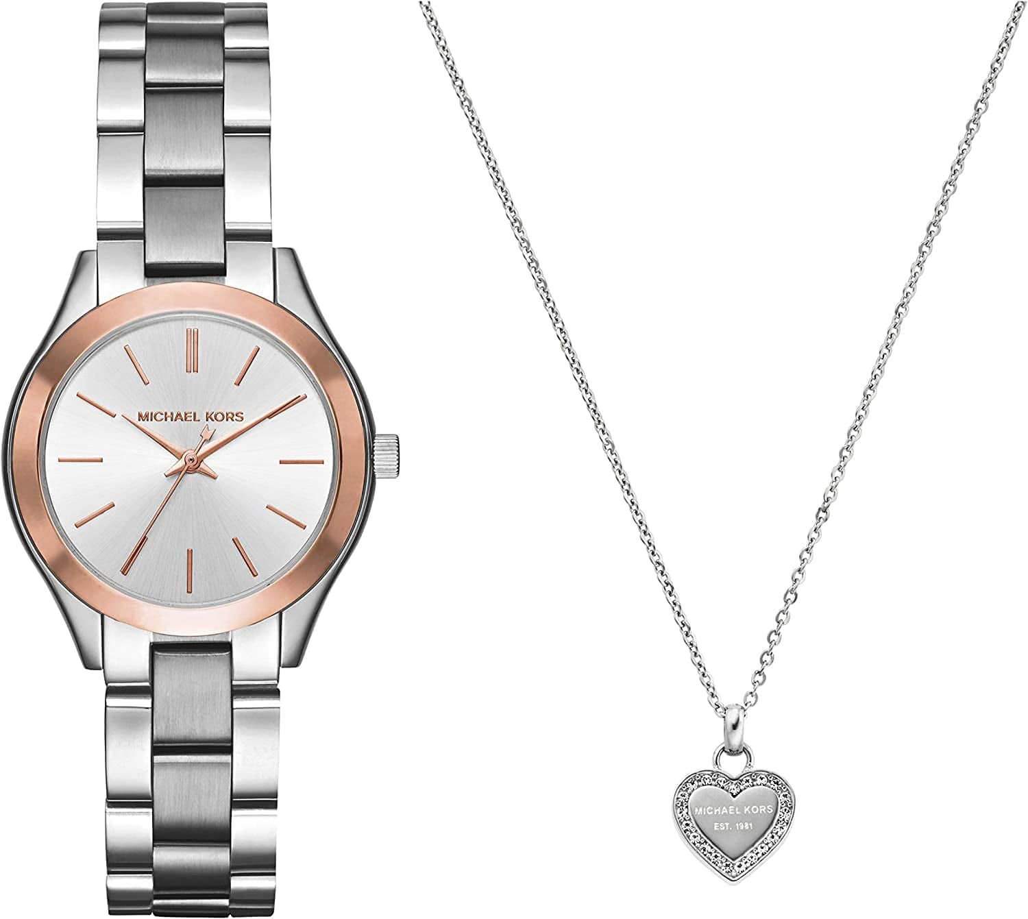 Michael Kors Mini Slim Runway Stainless Steel Watch Silver/Watch+Necklace