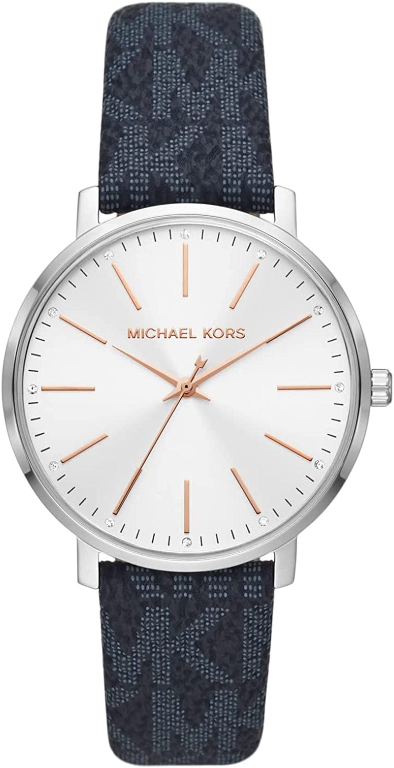 Michael Kors Pyper Three-Hand Stainless Steel Watch Silver/Blue Logo