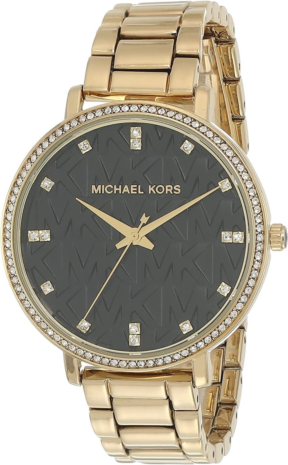 Michael Kors Pyper Three-Hand Stainless Steel Watch Gold Black Logo