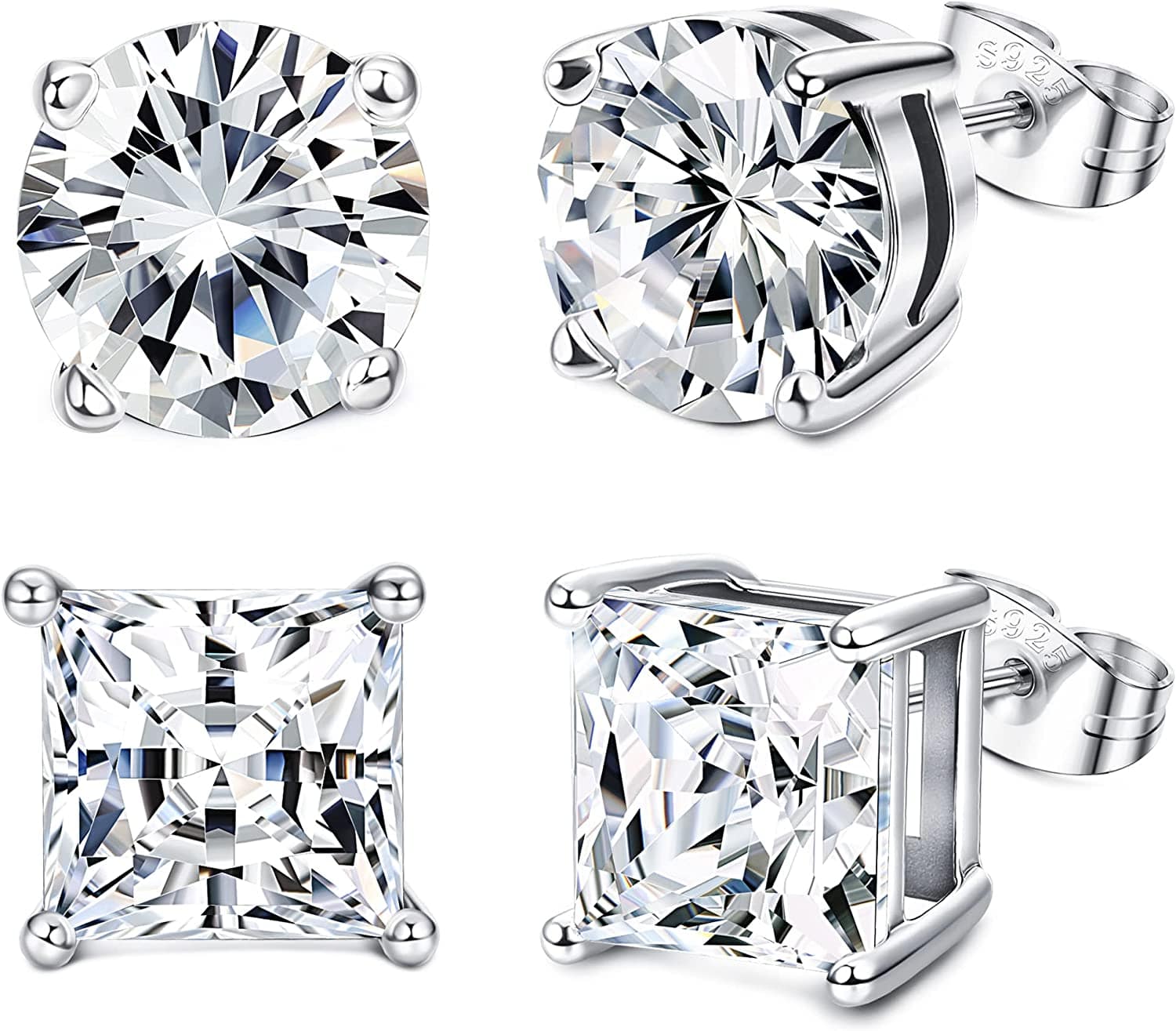 Milacolato 2Pairs Sterling Silver Stud Earrings 18K White-Gold Plated Earrings round Square Cubic Zirconia Simulated Diamond Stud Earrings for Men Women 01-white cubic zirconia / 8.0 Millimeters