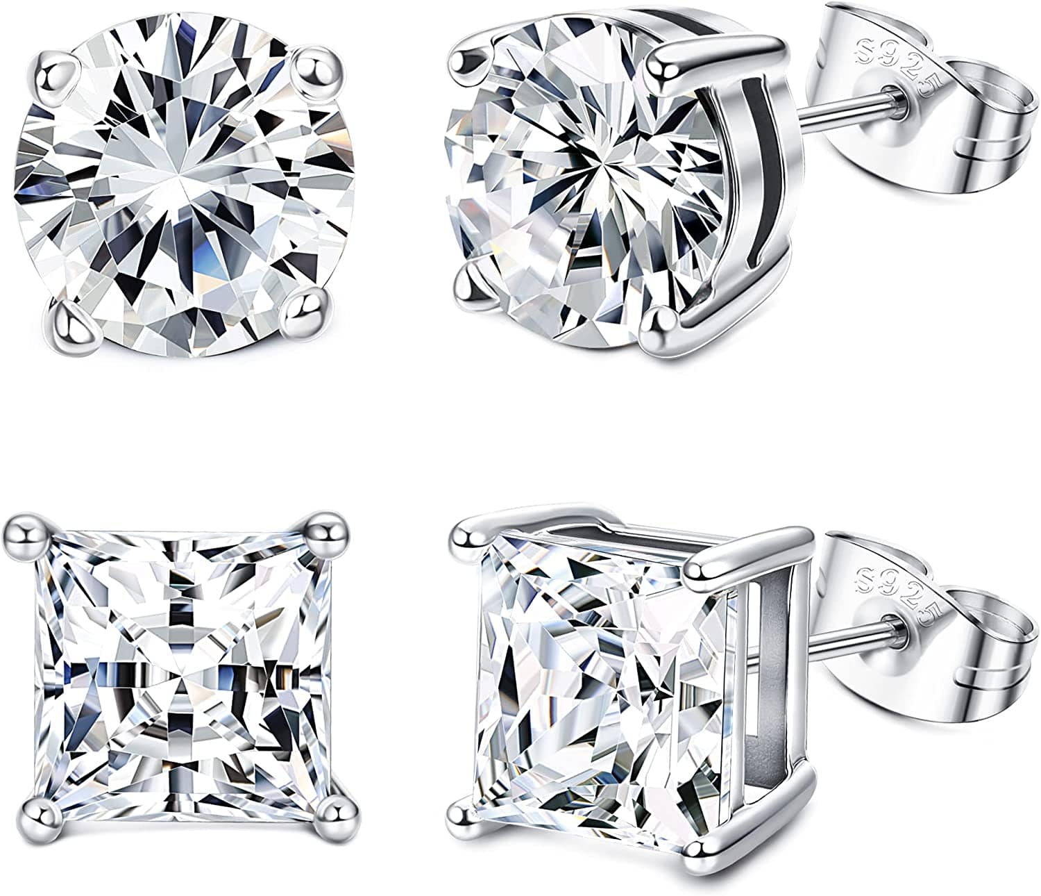 Milacolato 2Pairs Sterling Silver Stud Earrings 18K White-Gold Plated Earrings round Square Cubic Zirconia Simulated Diamond Stud Earrings for Men Women 01-white cubic zirconia / 6.0 Millimeters