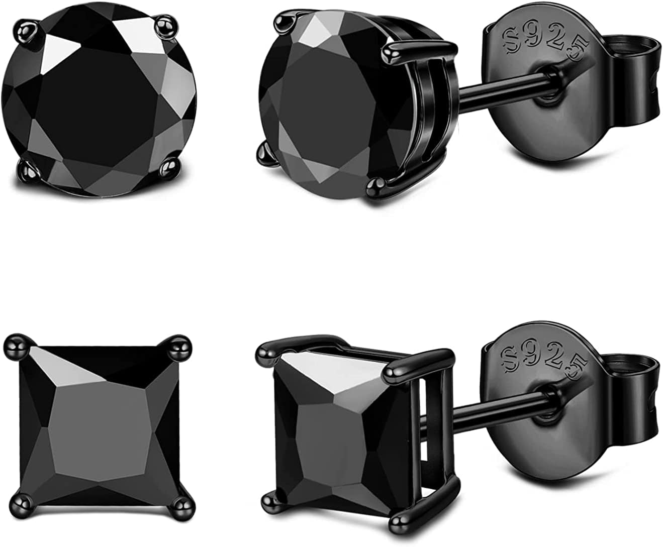 Milacolato 2Pairs Sterling Silver Stud Earrings 18K White-Gold Plated Earrings round Square Cubic Zirconia Simulated Diamond Stud Earrings for Men Women 02-black cubic zirconia / 4.0 Millimeters