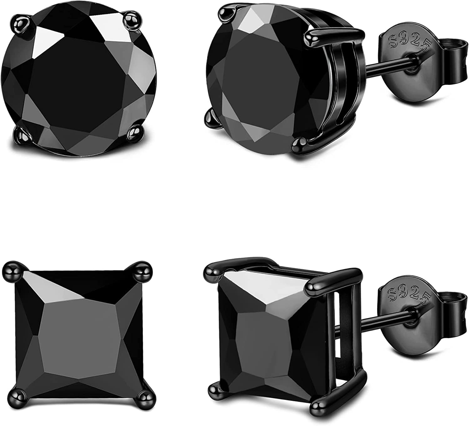 Milacolato 2Pairs Sterling Silver Stud Earrings 18K White-Gold Plated Earrings round Square Cubic Zirconia Simulated Diamond Stud Earrings for Men Women 02-black cubic zirconia / 7.0 Millimeters
