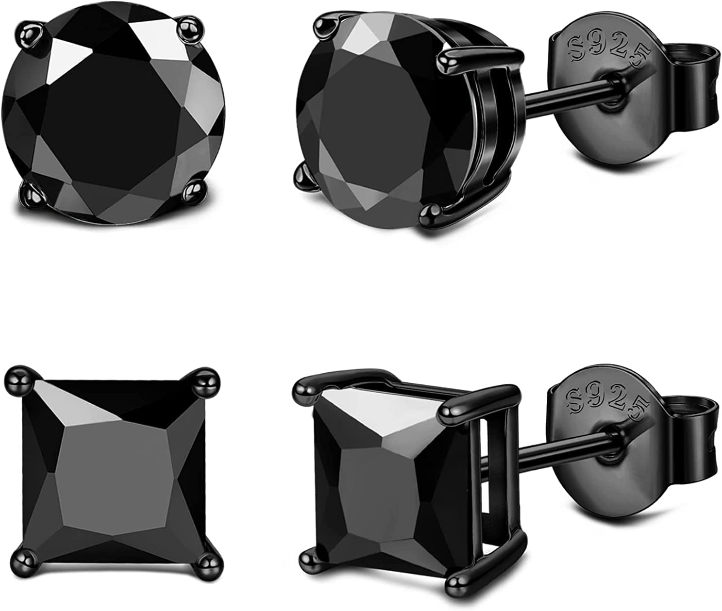 Milacolato 2Pairs Sterling Silver Stud Earrings 18K White-Gold Plated Earrings round Square Cubic Zirconia Simulated Diamond Stud Earrings for Men Women 02-black cubic zirconia / 5.0 Millimeters