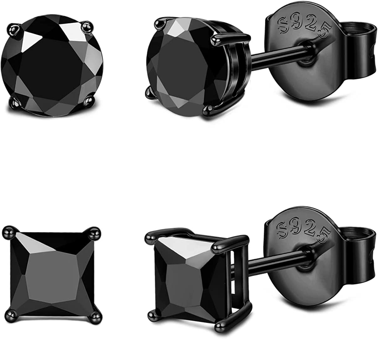 Milacolato 2Pairs Sterling Silver Stud Earrings 18K White-Gold Plated Earrings round Square Cubic Zirconia Simulated Diamond Stud Earrings for Men Women 02-black cubic zirconia / 3.0 Millimeters