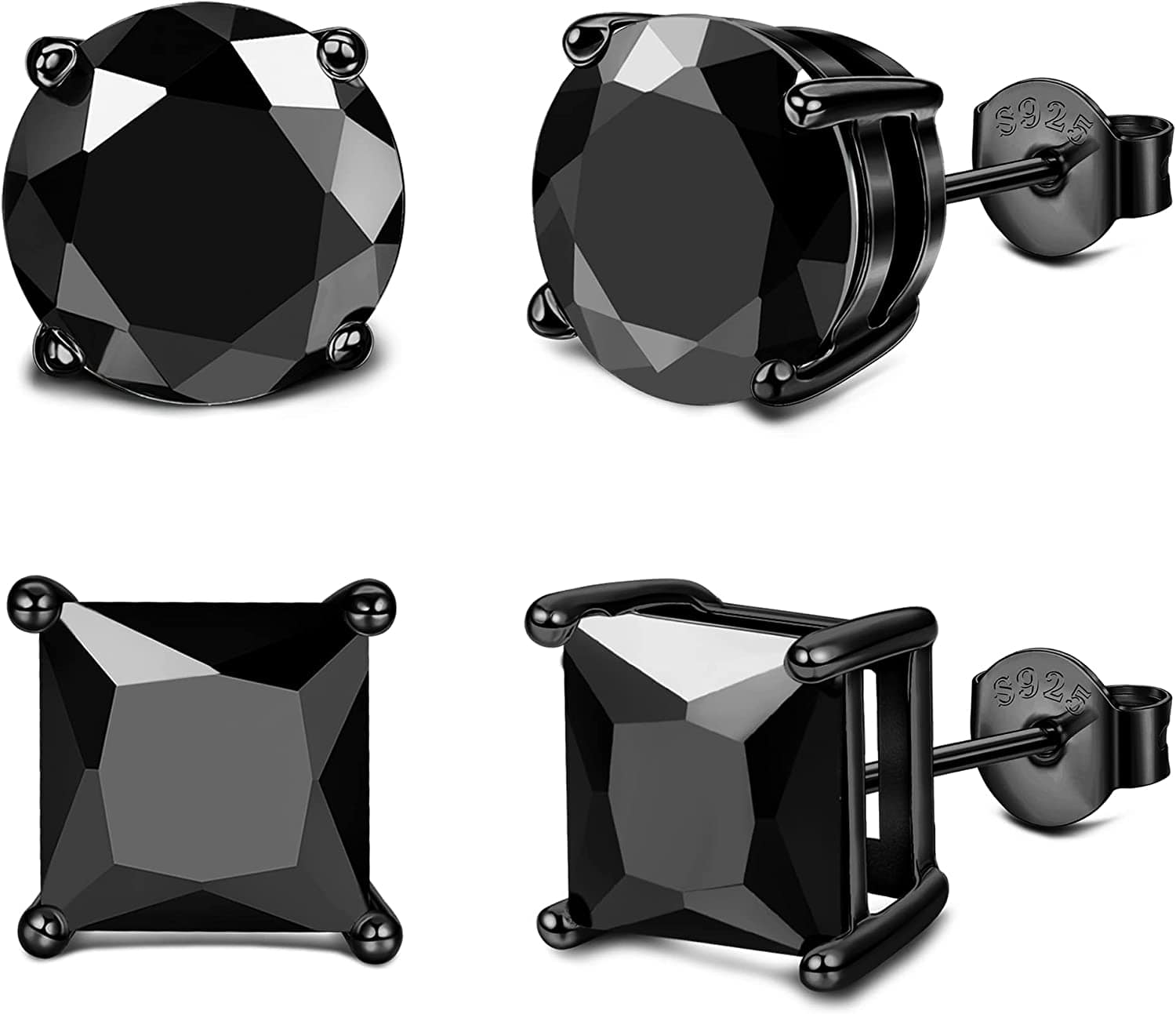 Milacolato 2Pairs Sterling Silver Stud Earrings 18K White-Gold Plated Earrings round Square Cubic Zirconia Simulated Diamond Stud Earrings for Men Women 02-black cubic zirconia / 8.0 Millimeters