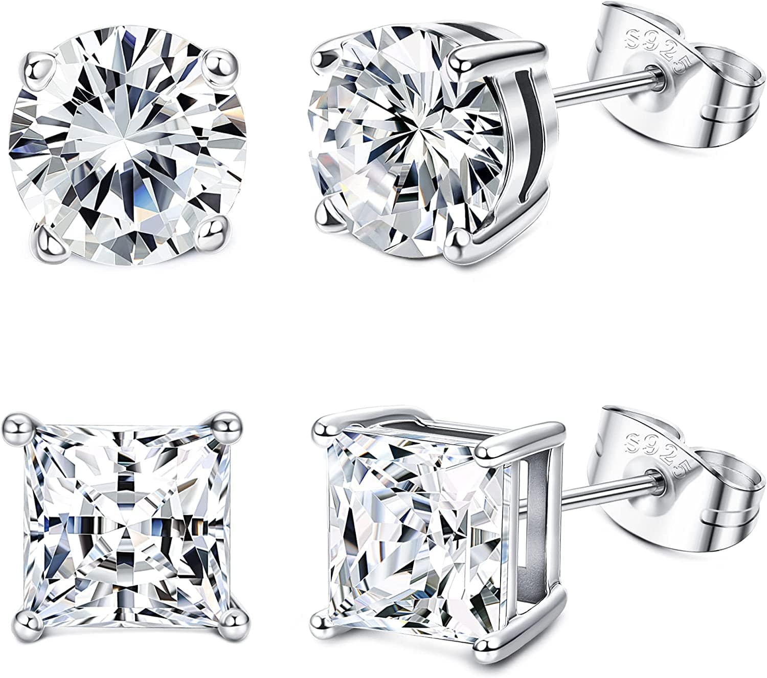 Milacolato 2Pairs Sterling Silver Stud Earrings 18K White-Gold Plated Earrings round Square Cubic Zirconia Simulated Diamond Stud Earrings for Men Women 01-white cubic zirconia / 4.0 Millimeters