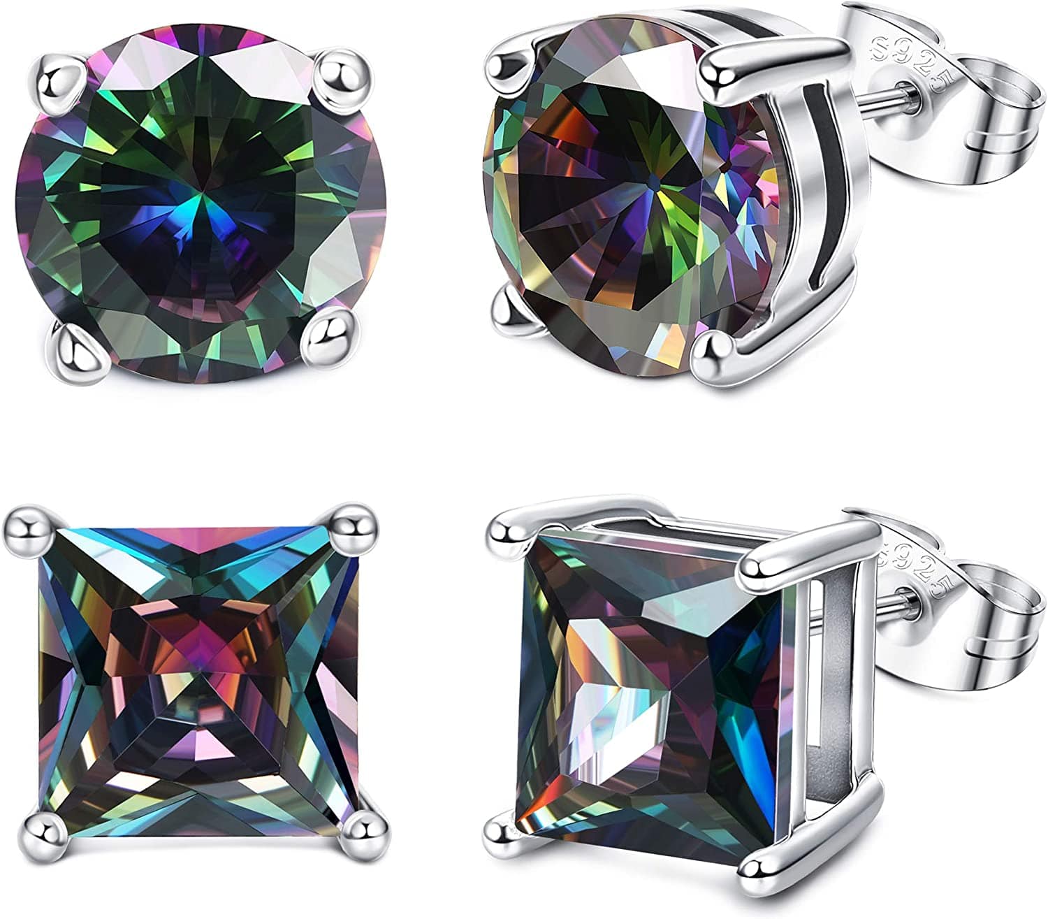 Milacolato 2Pairs Sterling Silver Stud Earrings 18K White-Gold Plated Earrings round Square Cubic Zirconia Simulated Diamond Stud Earrings for Men Women 03-rainbow cubic zirconia / 8.0 Millimeters