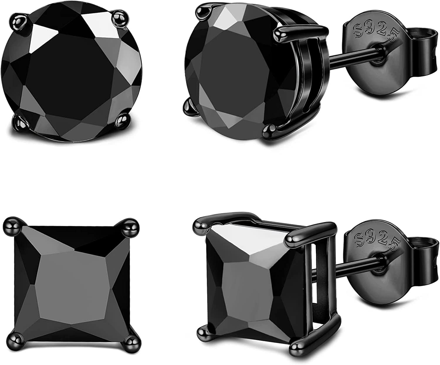 Milacolato 2Pairs Sterling Silver Stud Earrings 18K White-Gold Plated Earrings round Square Cubic Zirconia Simulated Diamond Stud Earrings for Men Women 02-black cubic zirconia / 6.0 Millimeters