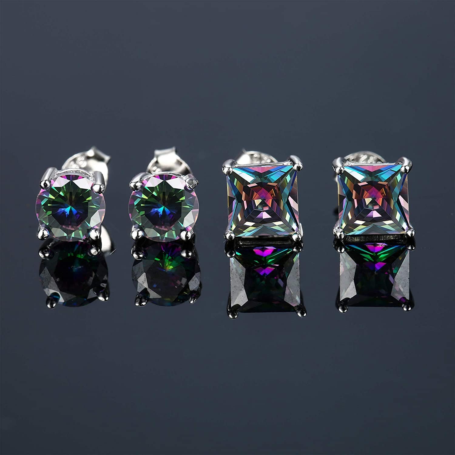 Milacolato 2Pairs Sterling Silver Stud Earrings 18K White-Gold Plated Earrings round Square Cubic Zirconia Simulated Diamond Stud Earrings for Men Women