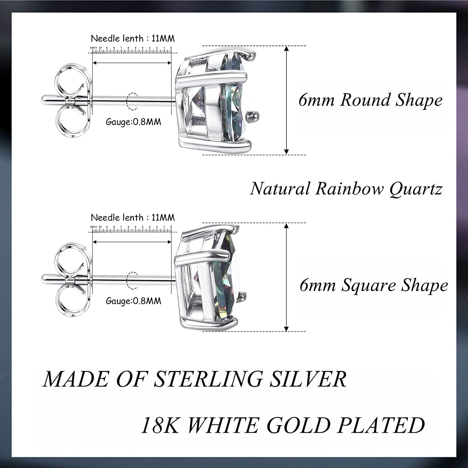 Milacolato 2Pairs Sterling Silver Stud Earrings 18K White-Gold Plated Earrings round Square Cubic Zirconia Simulated Diamond Stud Earrings for Men Women