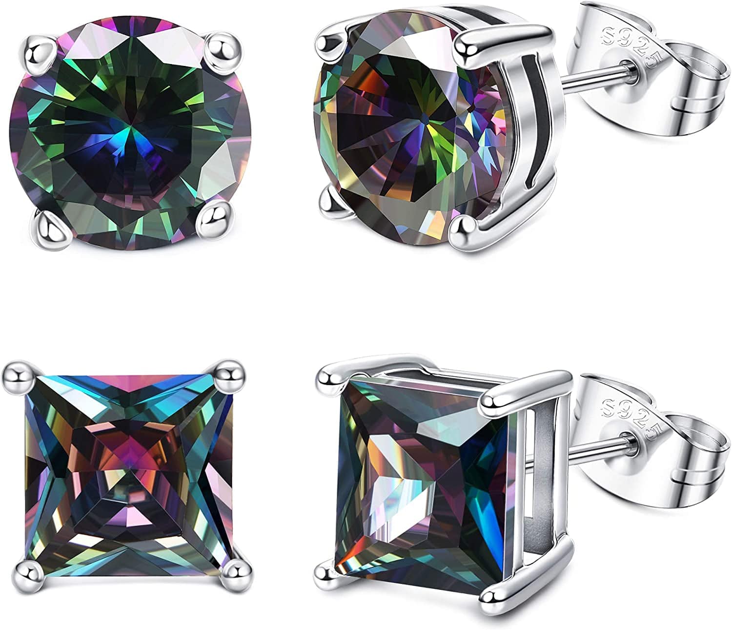 Milacolato 2Pairs Sterling Silver Stud Earrings 18K White-Gold Plated Earrings round Square Cubic Zirconia Simulated Diamond Stud Earrings for Men Women