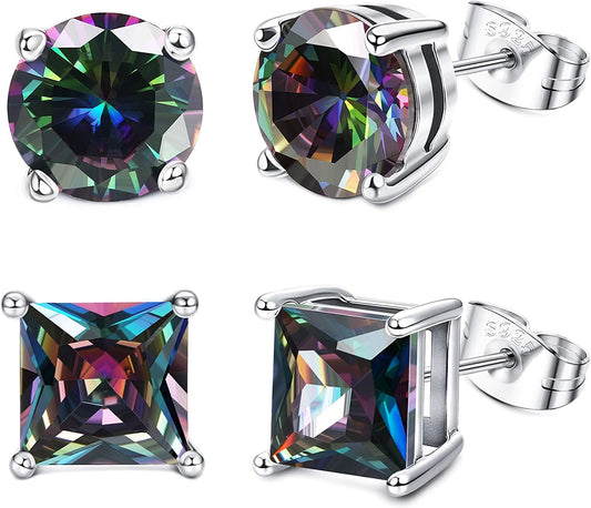 Milacolato 2Pairs Sterling Silver Stud Earrings 18K White-Gold Plated Earrings round Square Cubic Zirconia Simulated Diamond Stud Earrings for Men Women