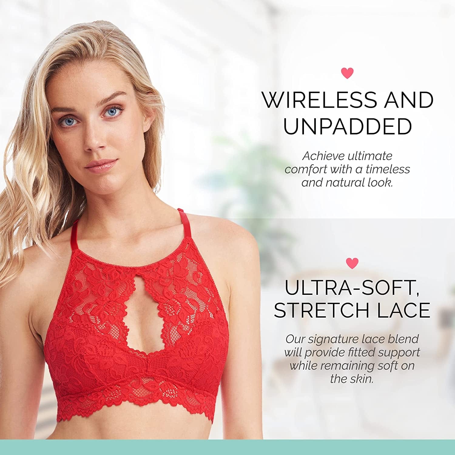 Miley Halter Lace Bralette for Women, Unpadded and Unlined Wireless High-Neck Bra, Perfect Adjustable Keyhole Lingerie