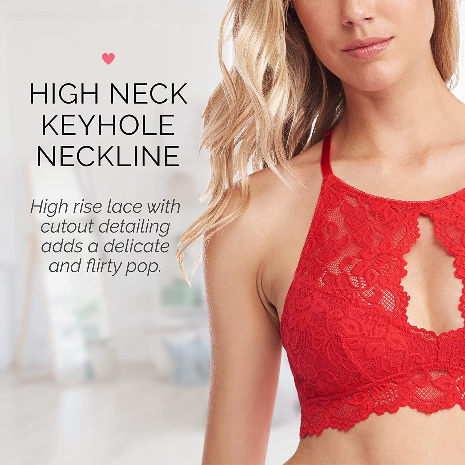 Miley Halter Lace Bralette for Women, Unpadded and Unlined Wireless High-Neck Bra, Perfect Adjustable Keyhole Lingerie