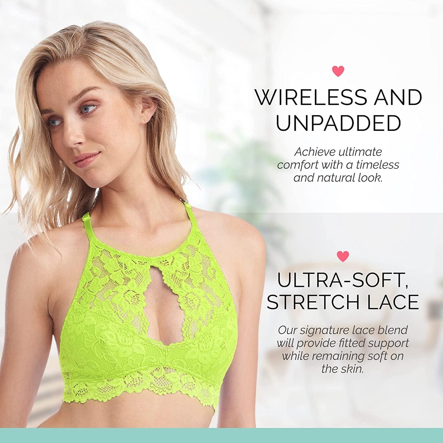 Miley Halter Lace Bralette for Women, Unpadded and Unlined Wireless High-Neck Bra, Perfect Adjustable Keyhole Lingerie