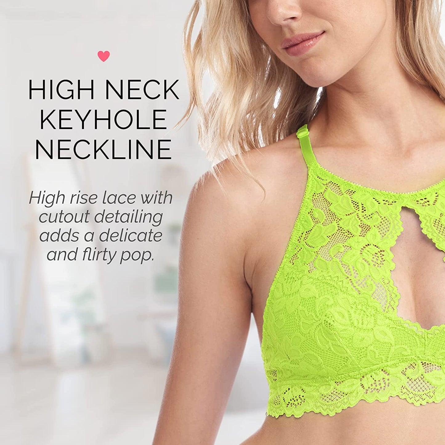 Miley Halter Lace Bralette for Women, Unpadded and Unlined Wireless High-Neck Bra, Perfect Adjustable Keyhole Lingerie