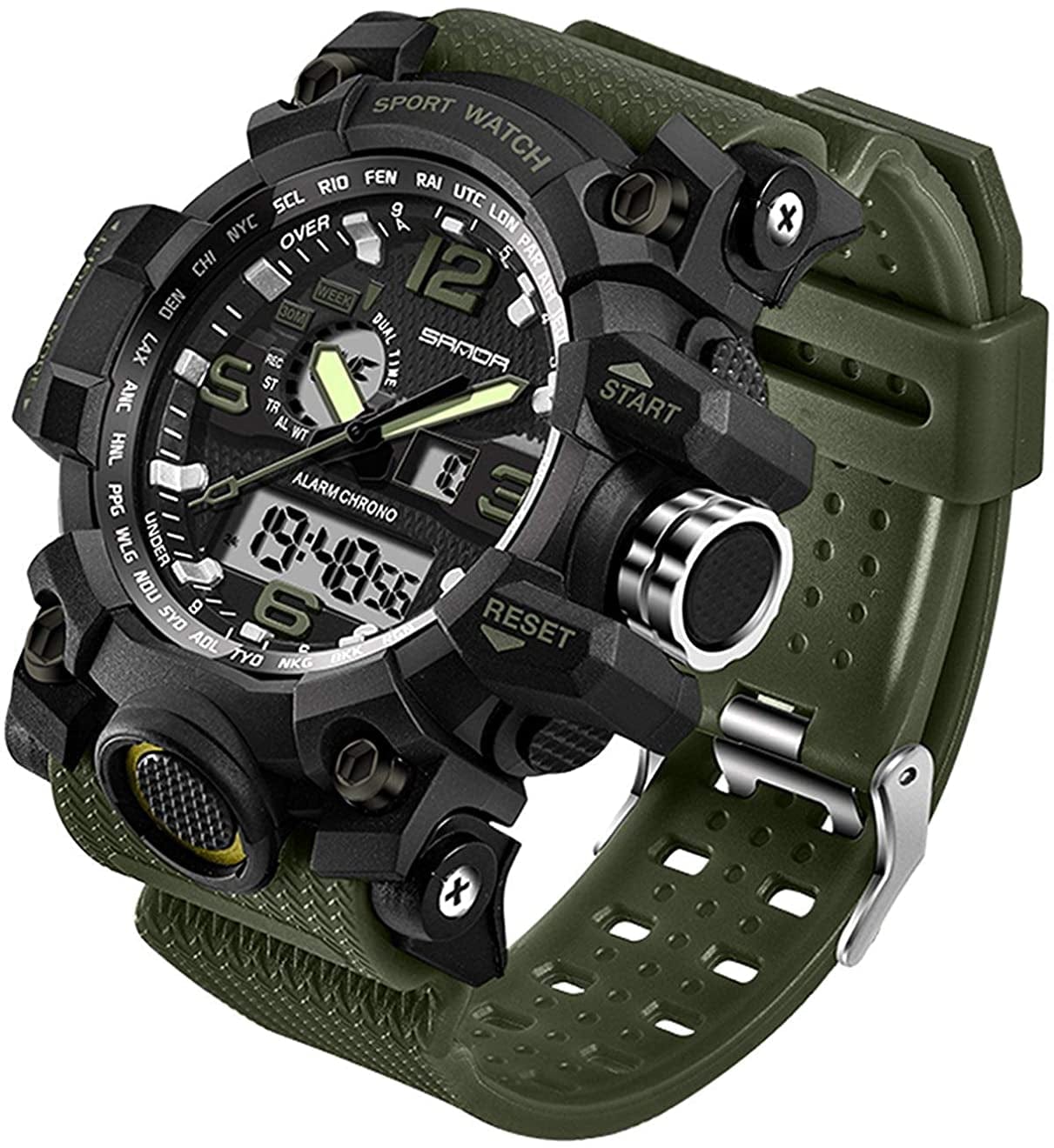 Military Watches for Men Tactical Waterproof Outdoor Sports Watch Analog Digital Multifunction Dual Display Mens Wristwatch Green