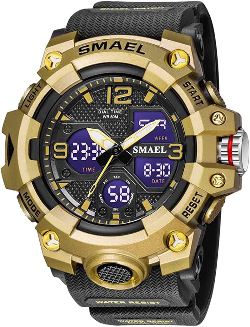 Military Watches for Men Tactical Waterproof Outdoor Sports Watch Analog Digital Multifunction Dual Display Mens Wristwatch C-Gold black