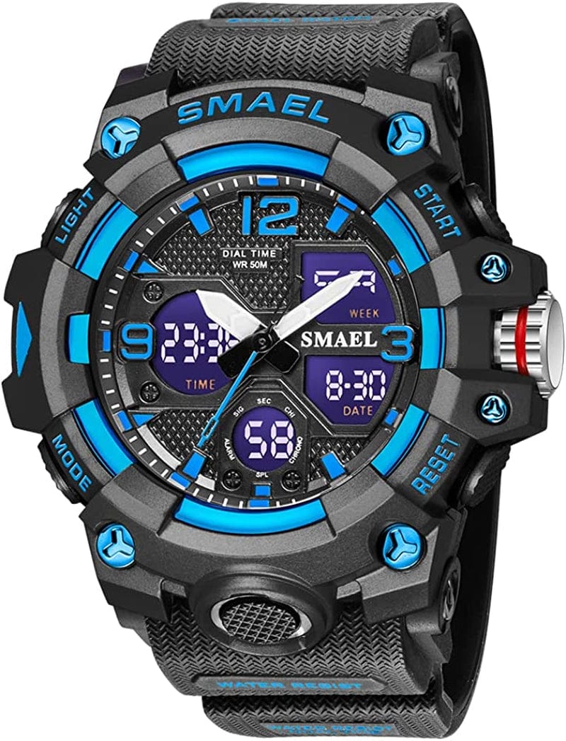 Military Watches for Men Tactical Waterproof Outdoor Sports Watch Analog Digital Multifunction Dual Display Mens Wristwatch C-Blue black