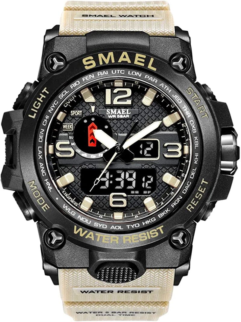 Military Watches for Men Tactical Waterproof Outdoor Sports Watch Analog Digital Multifunction Dual Display Mens Wristwatch Khaki