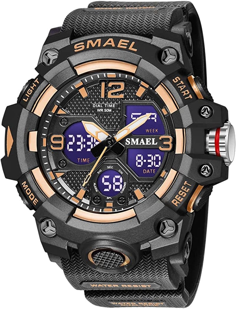 Military Watches for Men Tactical Waterproof Outdoor Sports Watch Analog Digital Multifunction Dual Display Mens Wristwatch C-Rose gold