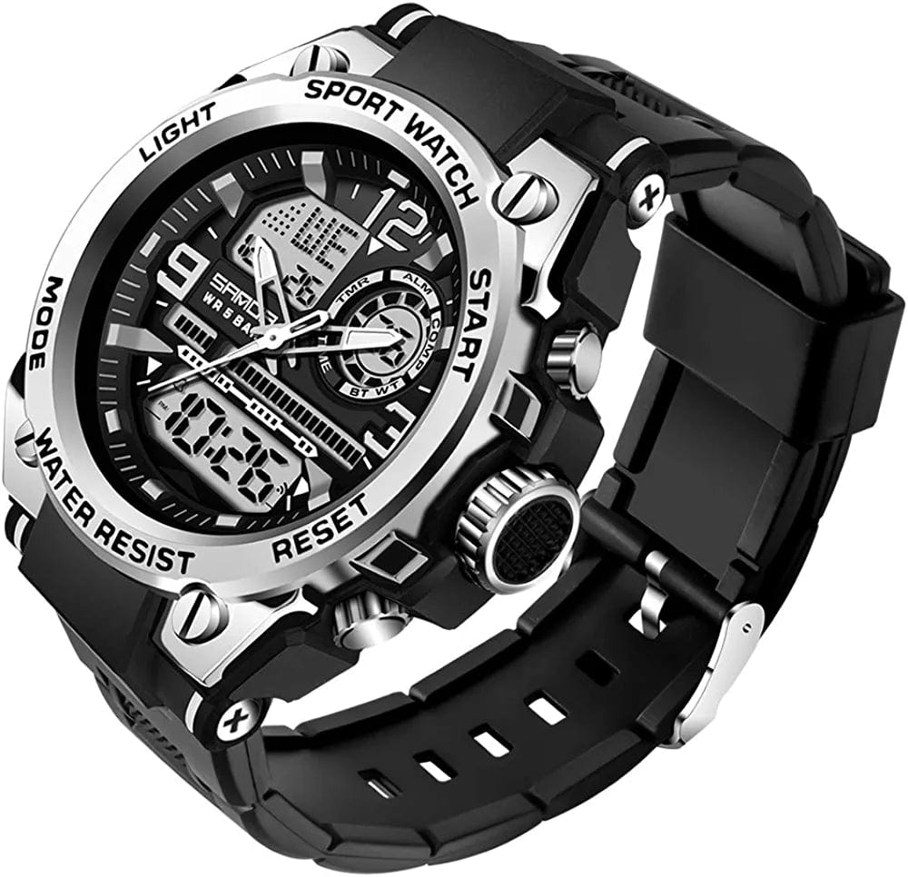 Military Watches for Men Tactical Waterproof Outdoor Sports Watch Analog Digital Multifunction Dual Display Mens Wristwatch Silver black
