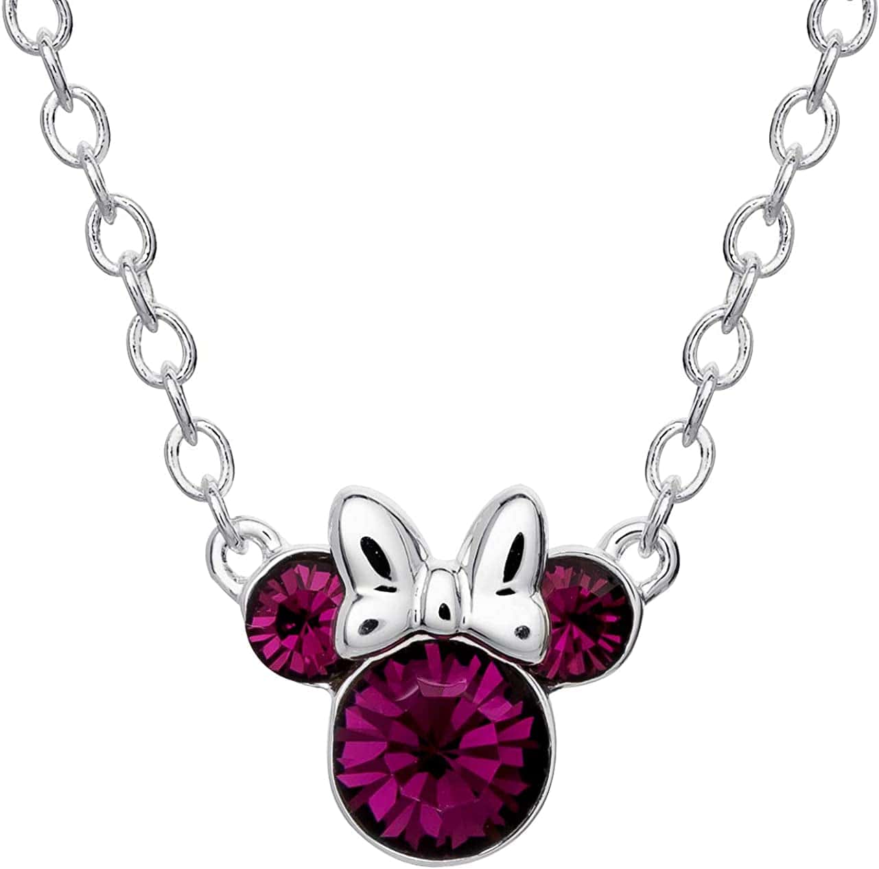 Minnie Mouse Crystal Birthstone Jewelry, Birth Month Pendant Necklace, Silver Plated February - Purple Crystal
