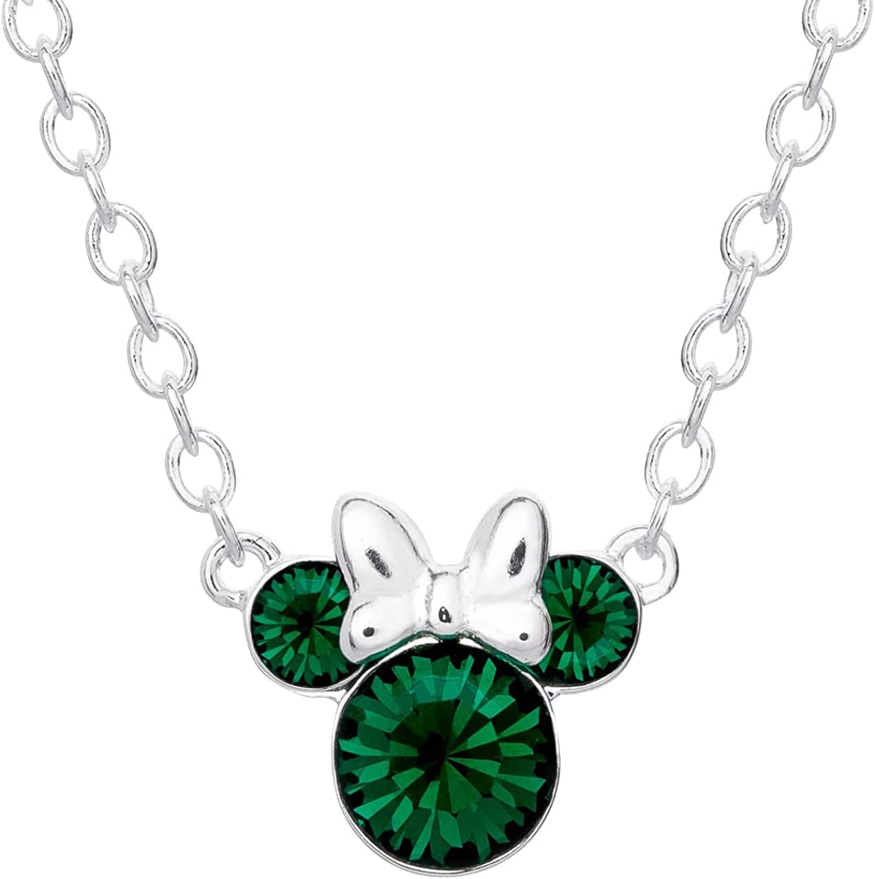 Minnie Mouse Crystal Birthstone Jewelry, Birth Month Pendant Necklace, Silver Plated May - Green Crystal