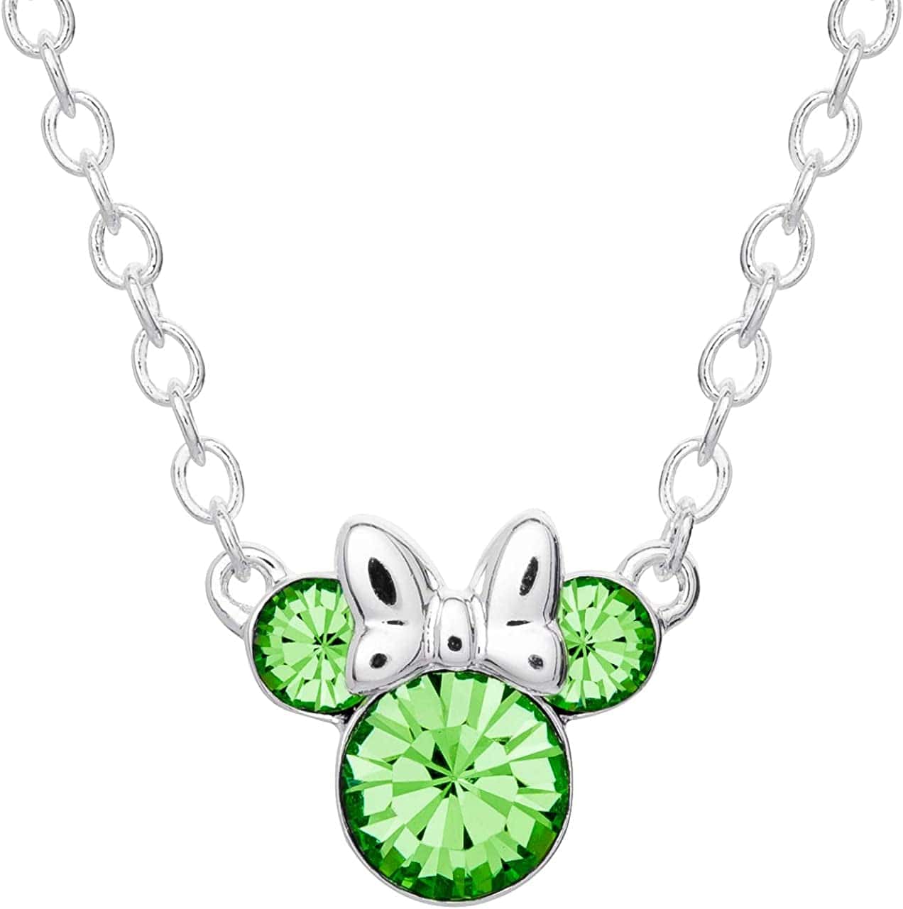 Minnie Mouse Crystal Birthstone Jewelry, Birth Month Pendant Necklace, Silver Plated August - Light Green Crystal