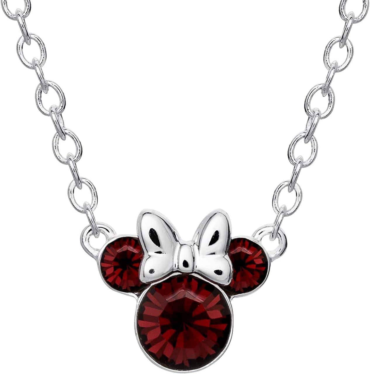 Minnie Mouse Crystal Birthstone Jewelry, Birth Month Pendant Necklace, Silver Plated January - Burgundy Crystal