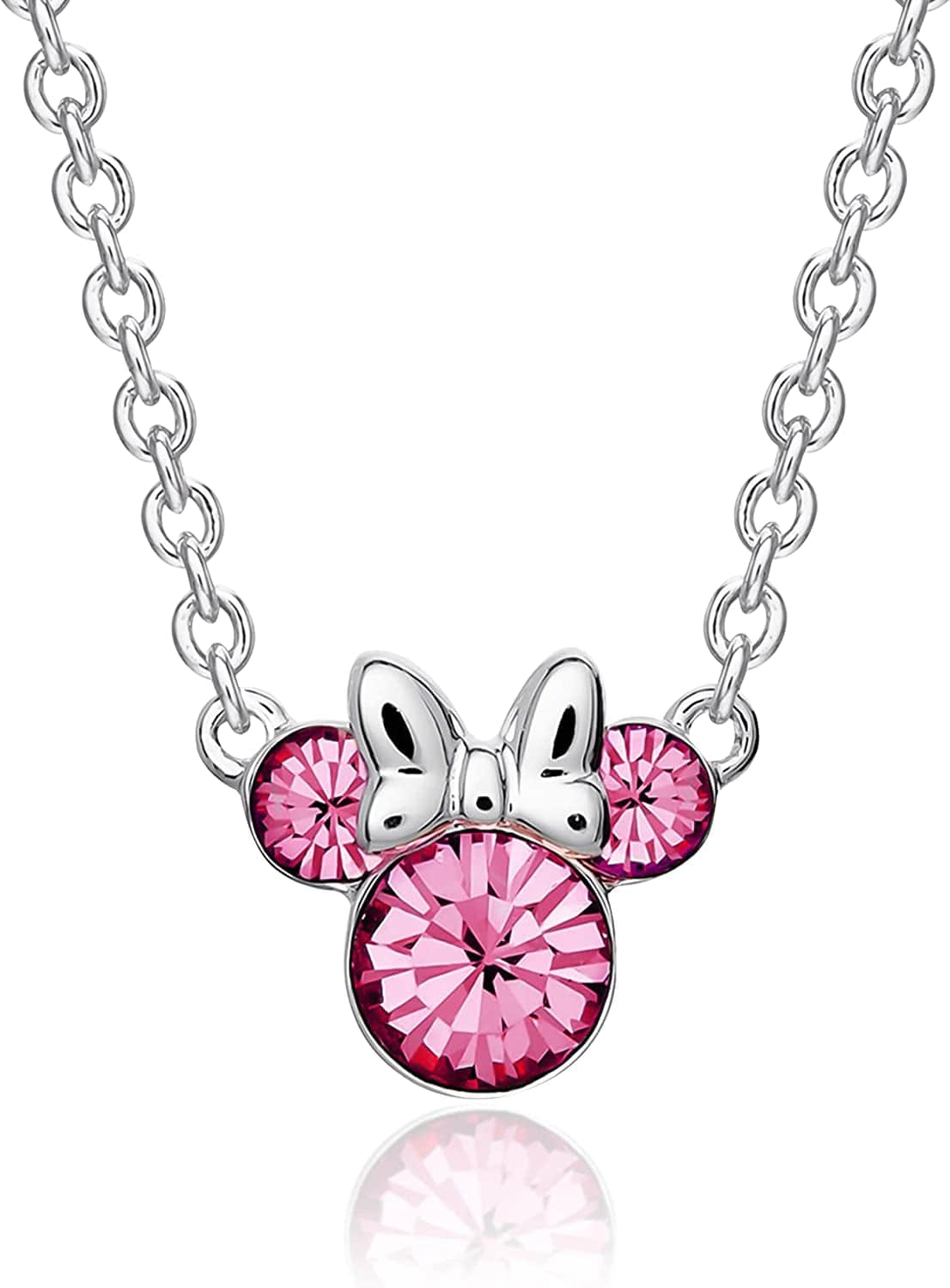 Minnie Mouse Crystal Birthstone Jewelry, Birth Month Pendant Necklace, Silver Plated October - Fuchsia Crystal