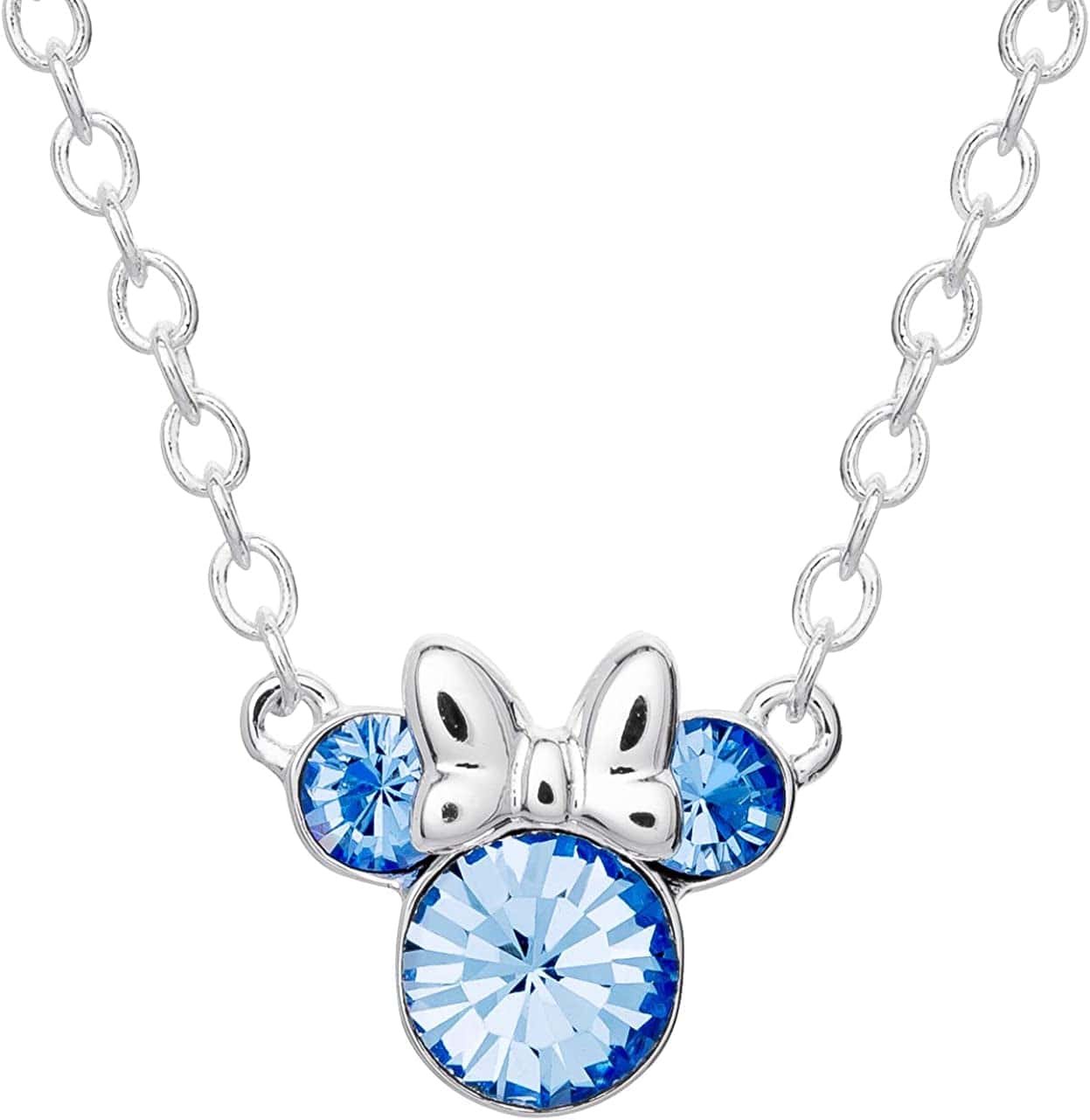 Minnie Mouse Crystal Birthstone Jewelry, Birth Month Pendant Necklace, Silver Plated March - Aqua Blue Crystal