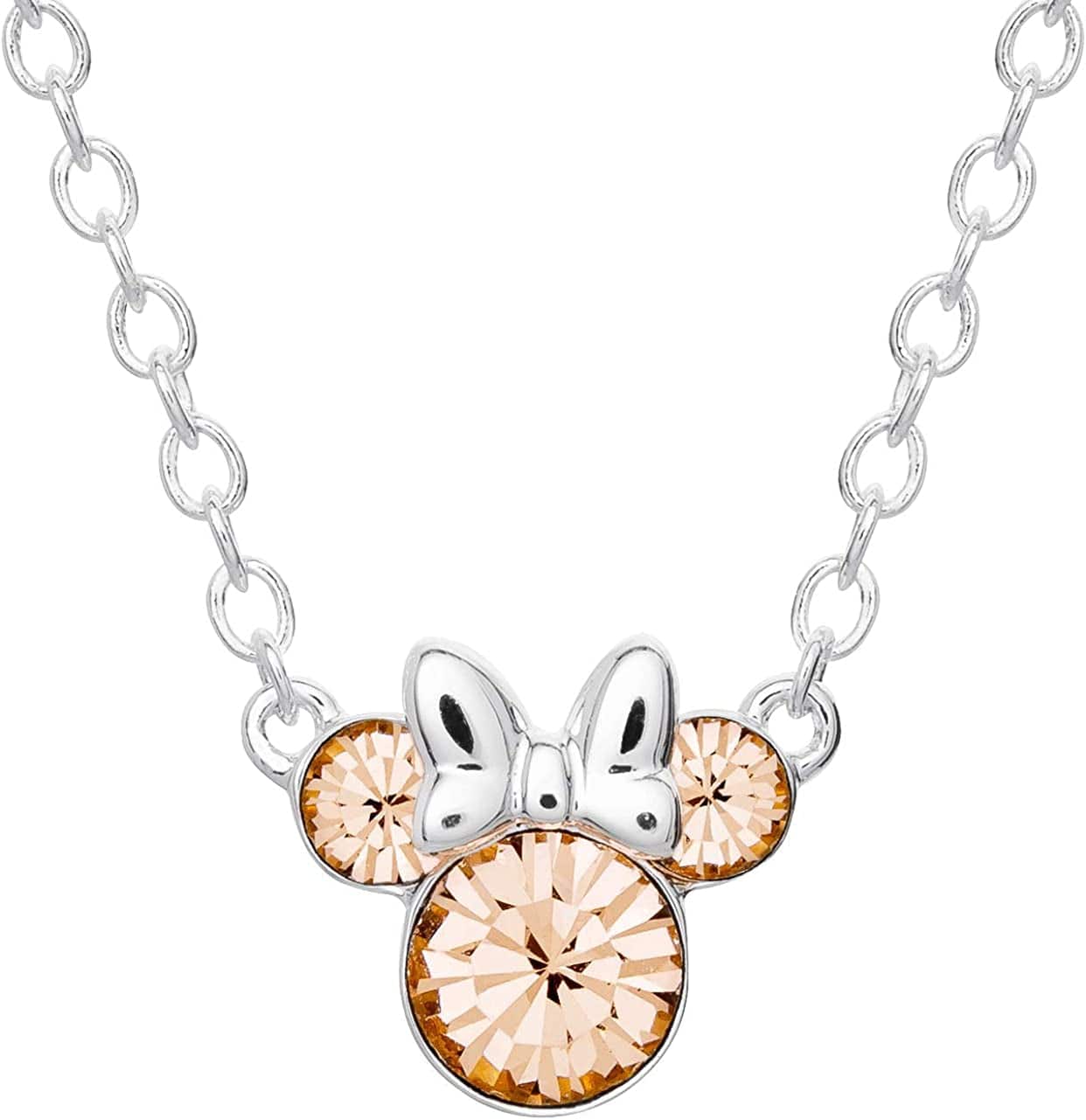 Minnie Mouse Crystal Birthstone Jewelry, Birth Month Pendant Necklace, Silver Plated June - Peach Crystal