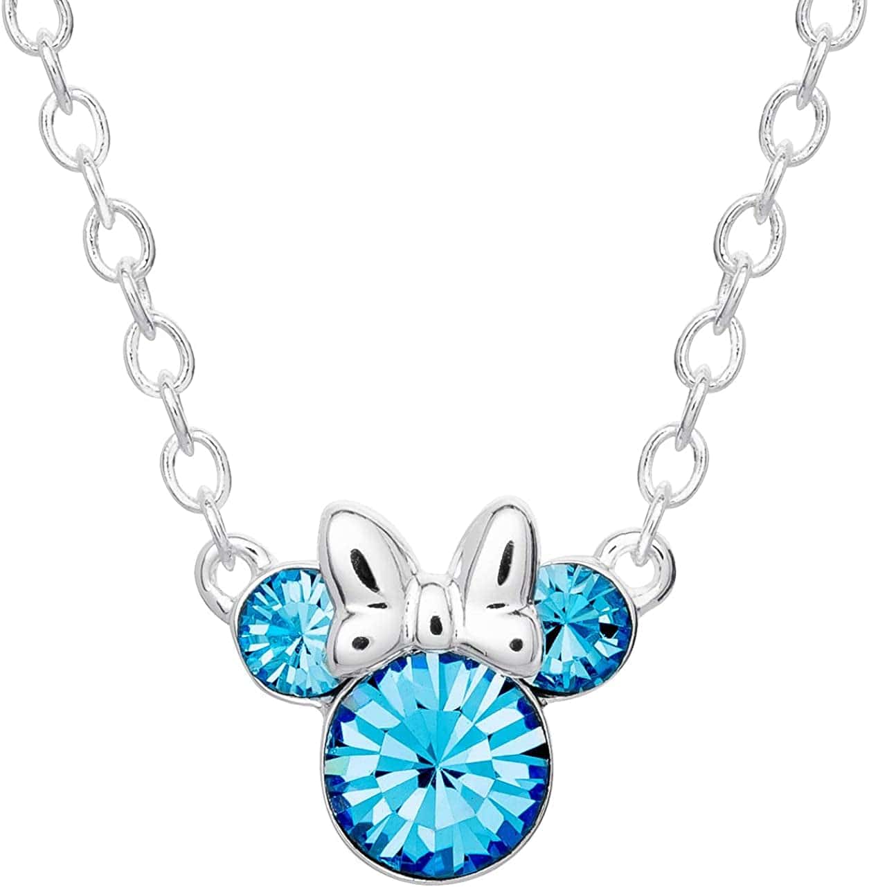 Minnie Mouse Crystal Birthstone Jewelry, Birth Month Pendant Necklace, Silver Plated December - Light Blue Crystal