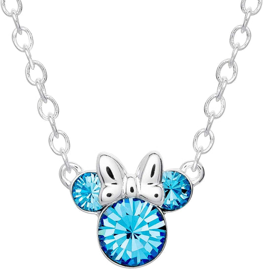 Minnie Mouse Crystal Birthstone Jewelry, Birth Month Pendant Necklace, Silver Plated December - Light Blue Crystal