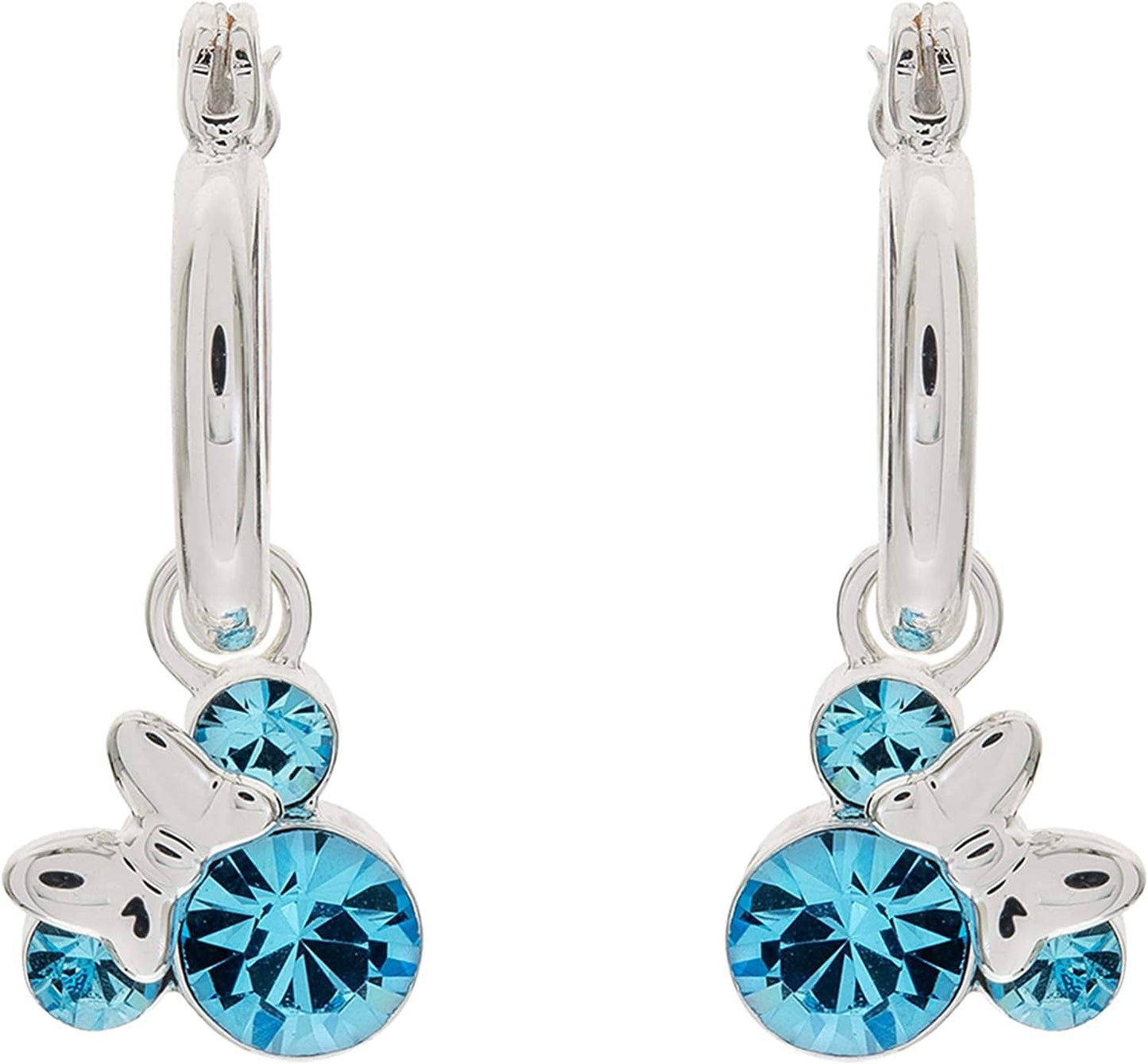 Minnie Mouse Jewelry, Crystal Birthstone Silver Plated Hoop Dangle Earrings, Latch Back March-Aquamarine Light Blue Crystal