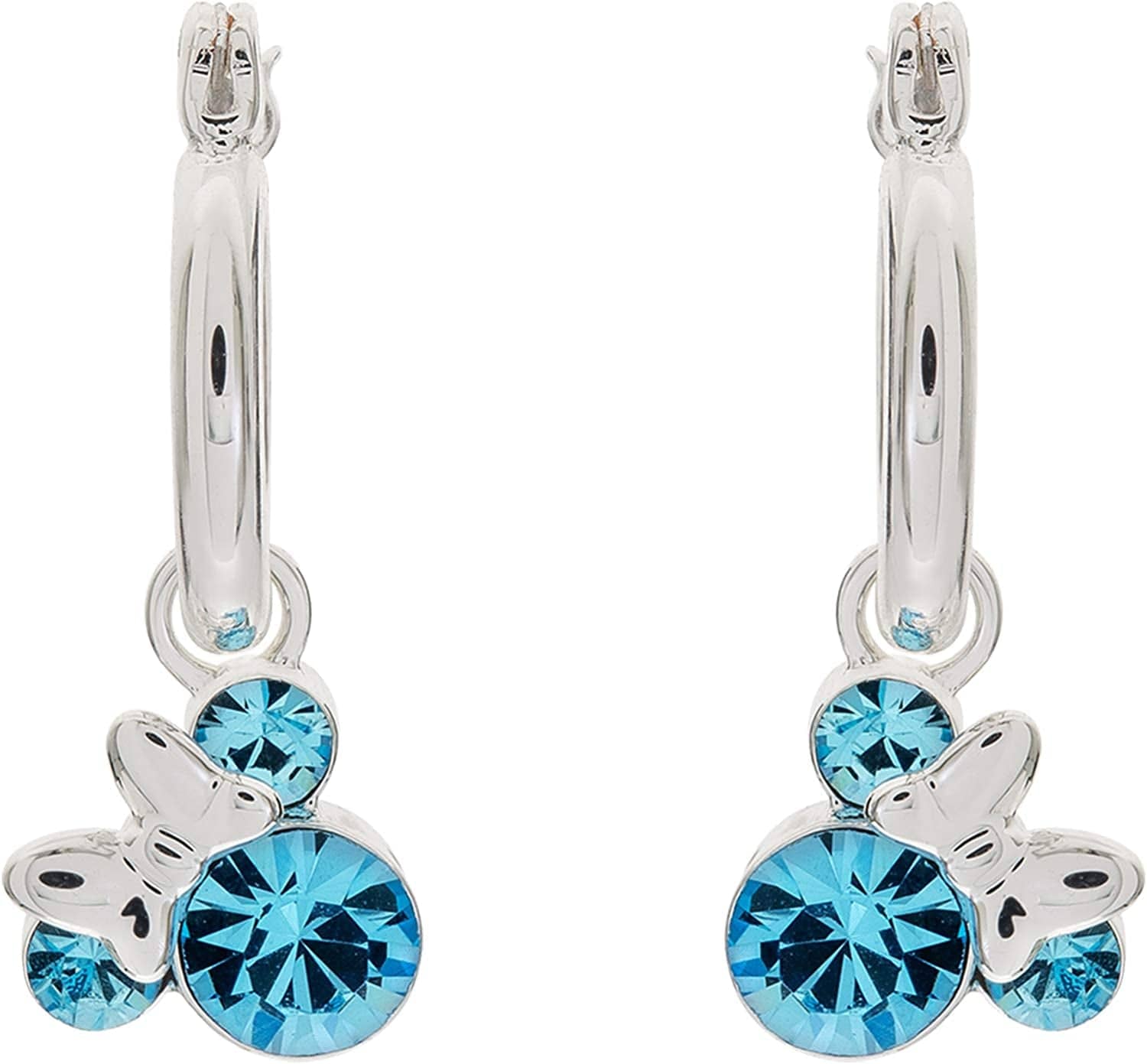Minnie Mouse Jewelry, Crystal Birthstone Silver Plated Hoop Dangle Earrings, Latch Back March-Aquamarine Light Blue Crystal