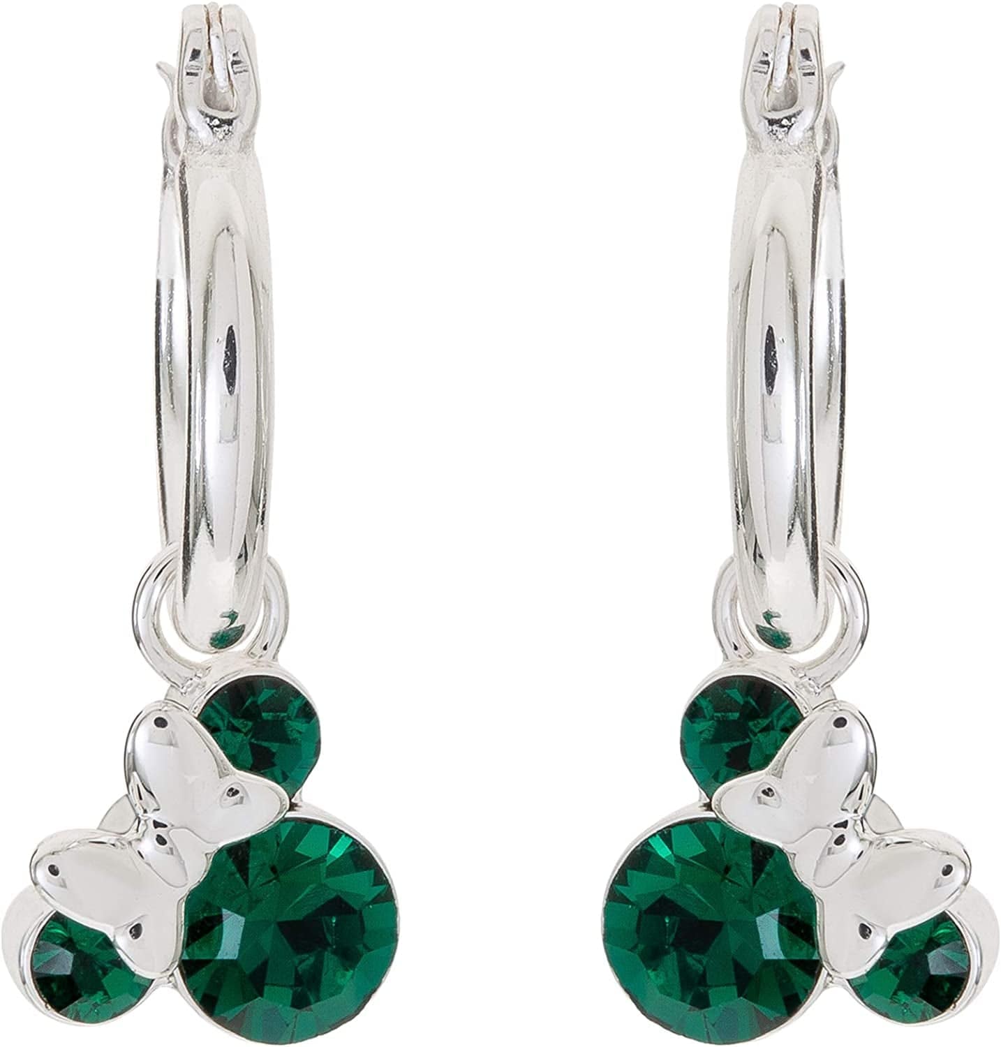 Minnie Mouse Jewelry, Crystal Birthstone Silver Plated Hoop Dangle Earrings, Latch Back May-Emerald Green Crystal