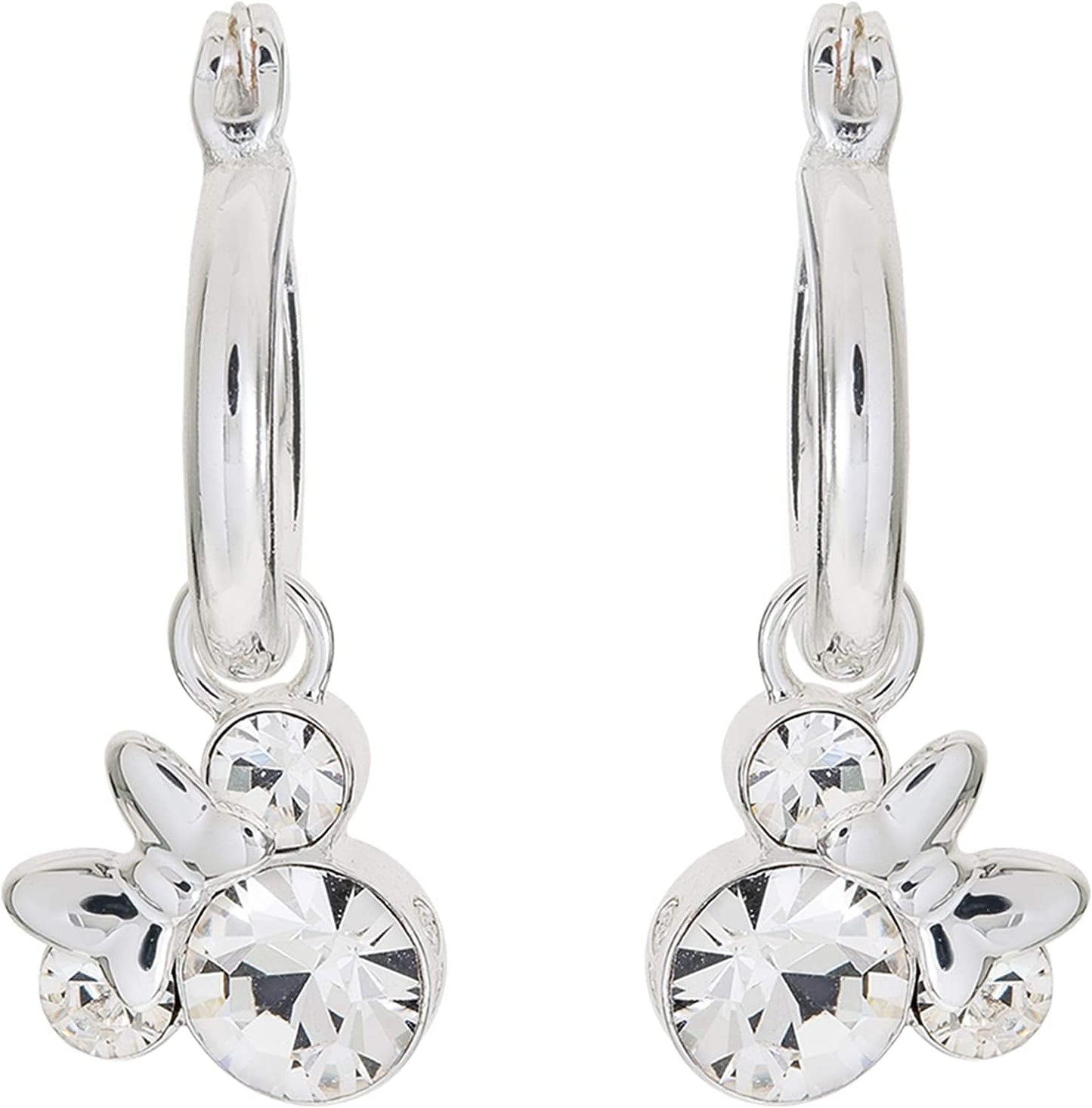 Minnie Mouse Jewelry, Crystal Birthstone Silver Plated Hoop Dangle Earrings, Latch Back April-Clear Crystal