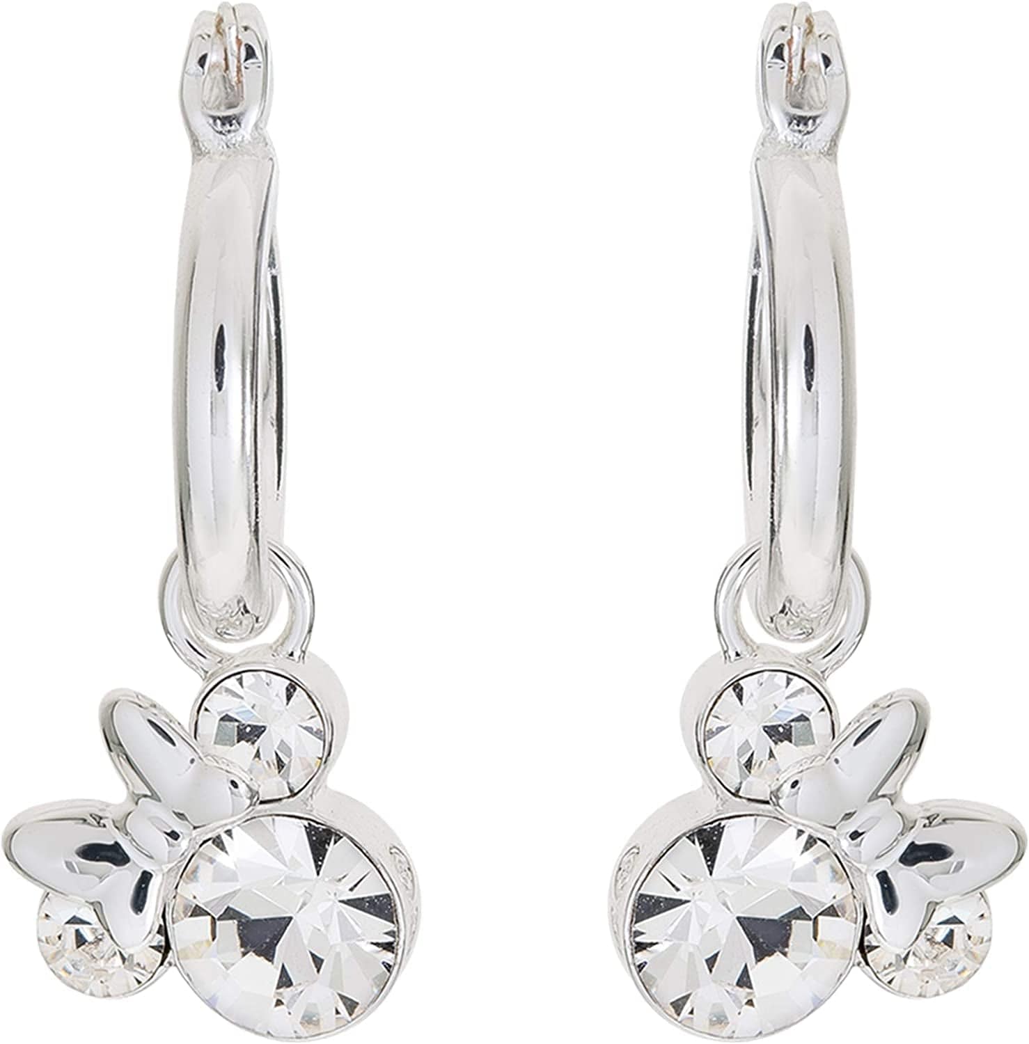 Minnie Mouse Jewelry, Crystal Birthstone Silver Plated Hoop Dangle Earrings, Latch Back April-Clear Crystal